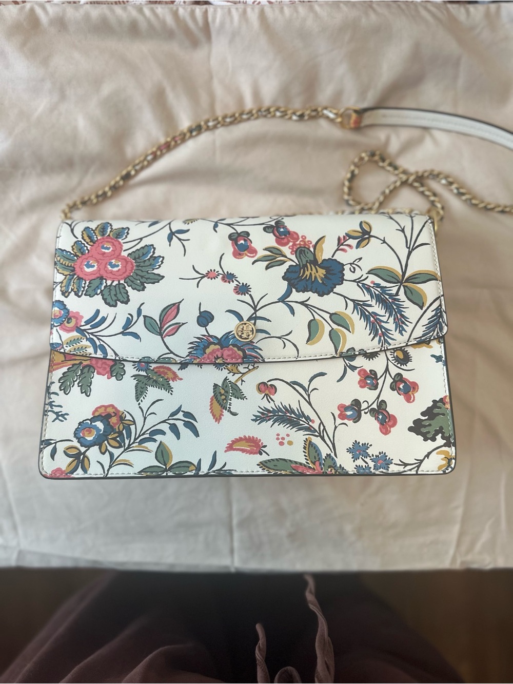 Tory Burch White Floral Chain Shoulder Bag